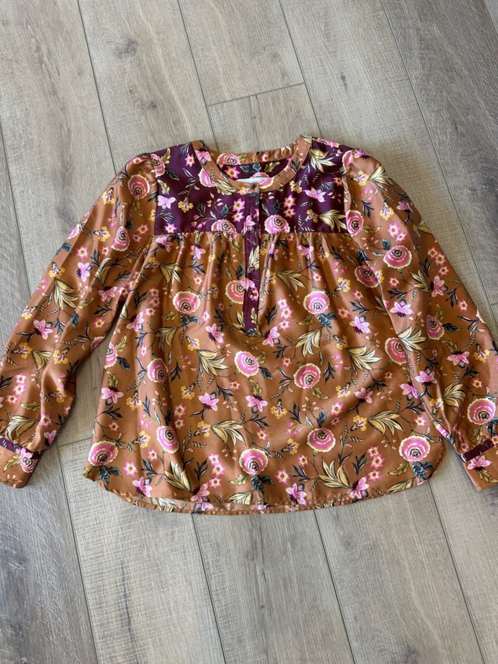 LOFT Floral Button-Neck Blouse in Plum and Copper